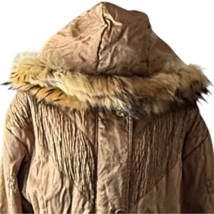Gallery Y2K‎ Bronze Faux Fur Hooded Parka Jacket Womens XS Metallic Coat Winter